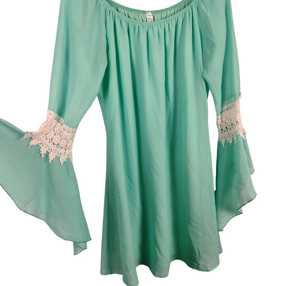 Honeyme Womens M Mint Green Lace Crochet Bell Sleeve Boho Fairycore Tunic Top